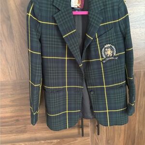 Tommy Hilfiger Elegant Plaid Women's Blazer with Crest sz 36 navy green